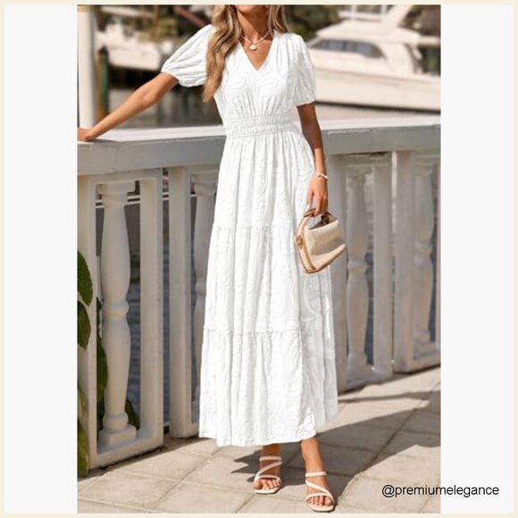 Boho Flowy Maxi Dress V-Neck Short Sleeves Elastic Waist Pockets - Picture 4 of 7